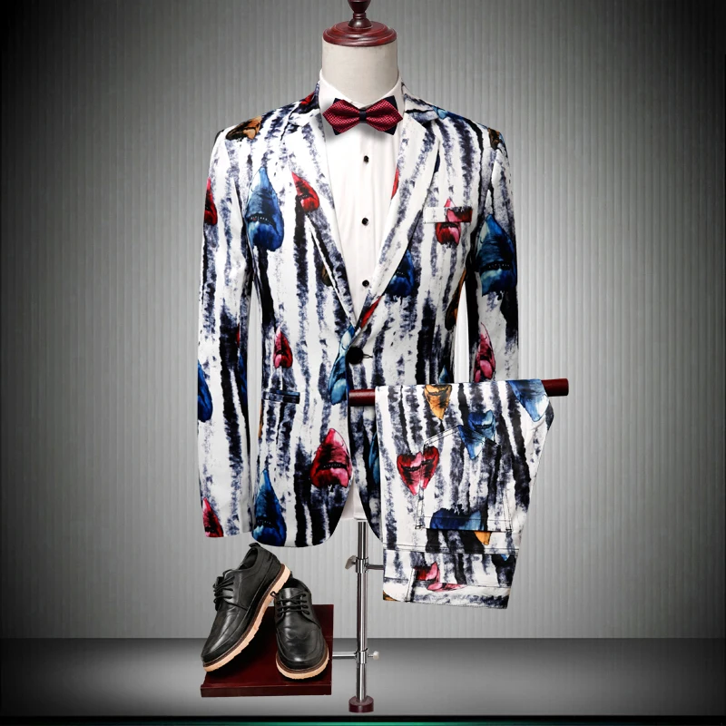 

White Pattern Style Men Suit With Pant 2019 New Famouse Designers US Latest Coat Design Fashion One Button Jackets 2PCS/Set #909