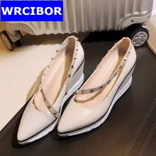 2017 Women Casual shoes fashion Women’s pumps wedges pointed toe rivets high heels genuine leather woman leisure moccasins