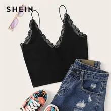 SHEIN черный топ на бретельках с v-образным вырезом и кружевной отделкой, женская уличная одежда на бретельках, v-образный вырез, однотонный облегающий сексуальный топ, женские летние топы