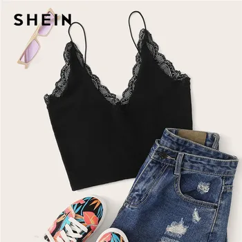 

SHEIN Black V Neck Lace Trim Cami Crop Top Lady Streetwear Spaghetti Strap V Neck Solid Slim Fit Sexy Top Women Summer Tops