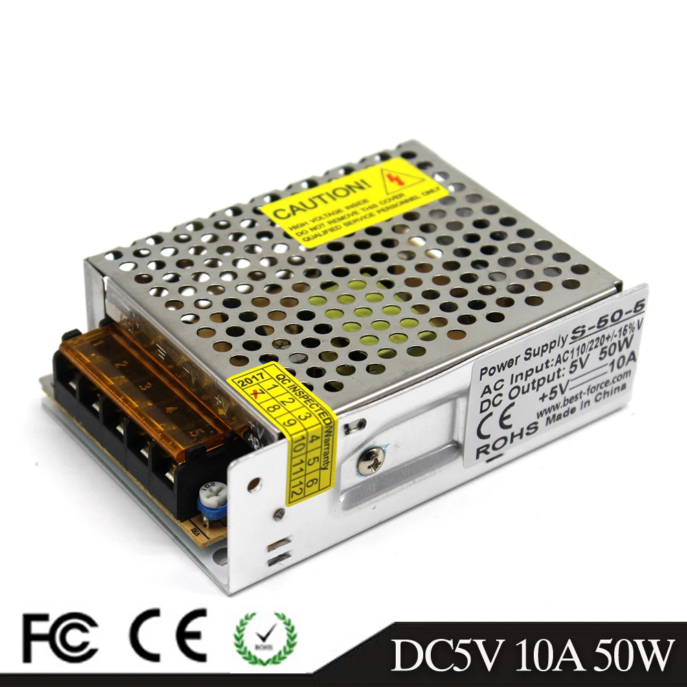 

New Arrival Regulated DC5V 10A 50W Power Supply Switching Driver 110v 220V AC DC 5V For LED Light Strip display Screen Lighting