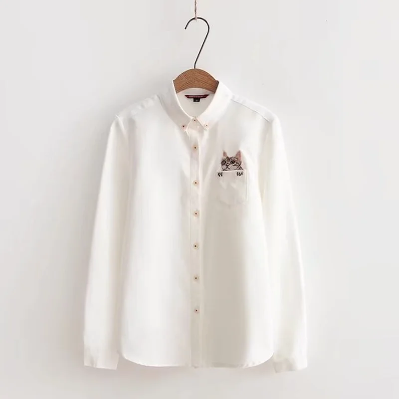 

Women Casual Autumn Blouse Shirts Solid Color Cute Cat Embroidery Cotton Shirts Female All Match Basic Oxford Blusas