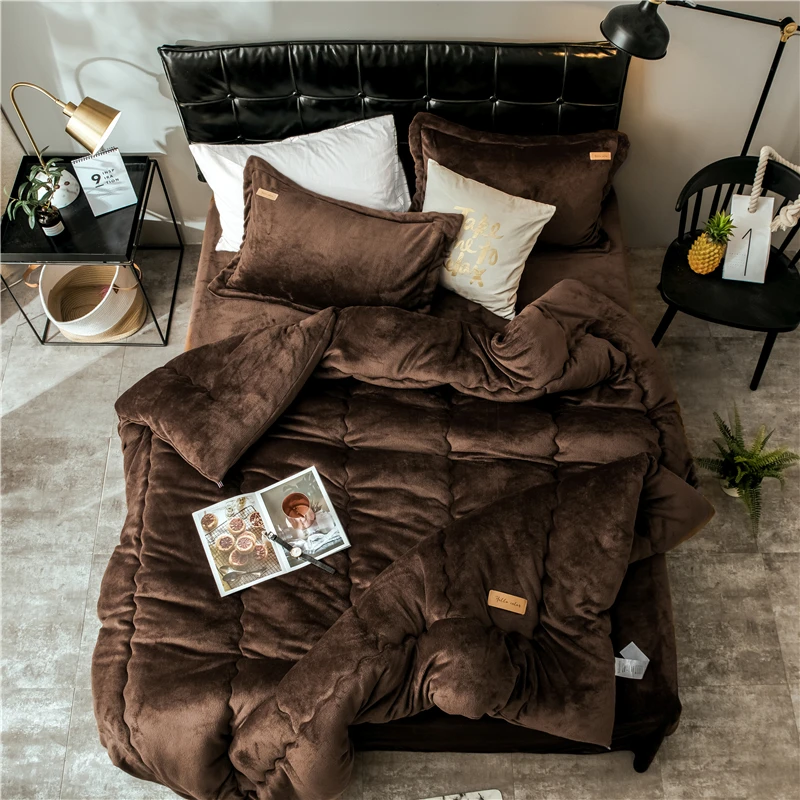 

winter Comforters 4pcs Thick Quilt with super soft bedsheet pillowcase twin full queen king size Fleece fabric bed set
