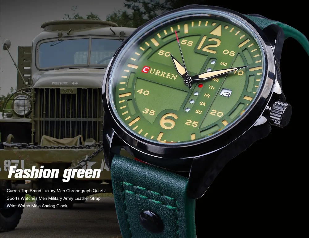 CURREN зеленый ремень из натуральной кожи спортивный дизайн календарь дисплей мужские военные кварцевые наручные часы лучший бренд Роскошные мужские часы