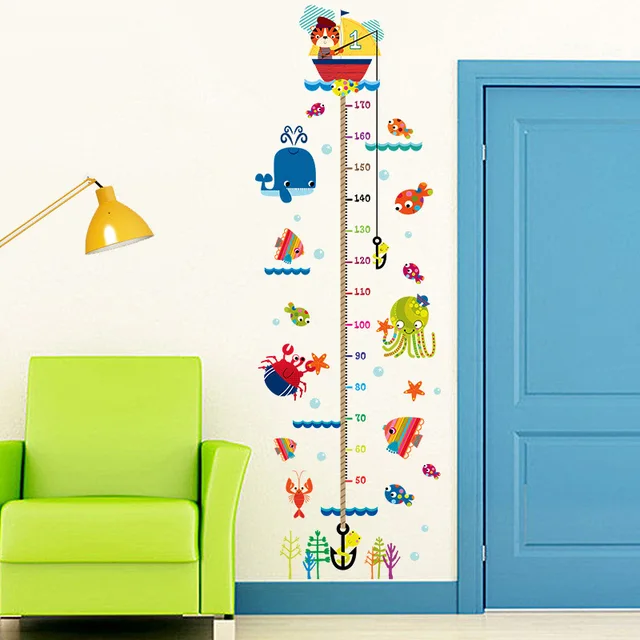 large removable measure height sticker cartoon cats fishs sea world