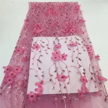 

2019 Latest African French Lace Fabric 3D Flower High Quality Sequins Lace Fabric pink Embroidered Tulle Lace Fabric For Wedding