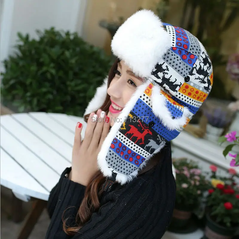 

Hot Sale Classic Women Warm Winter Earflap Cap Fashion Printed Deer Russian Trapper Hat Ladies Knitted Fur Aviator Bomber Hat
