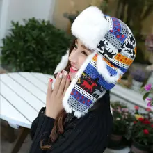 Hot Sale Classic Women Warm Winter Earflap Cap Fashion Printed Deer Russian Trapper Hat Ladies Knitted Fur Aviator Bomber Hat