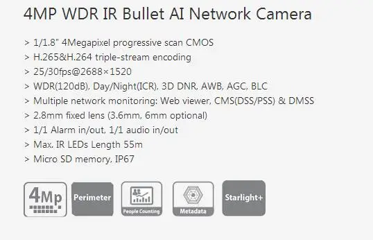 Новая модель IPC-B5442T-ASE 4MP WDR IR Bullet AI сетевая камера IPC-B5442T-ASE, DHL