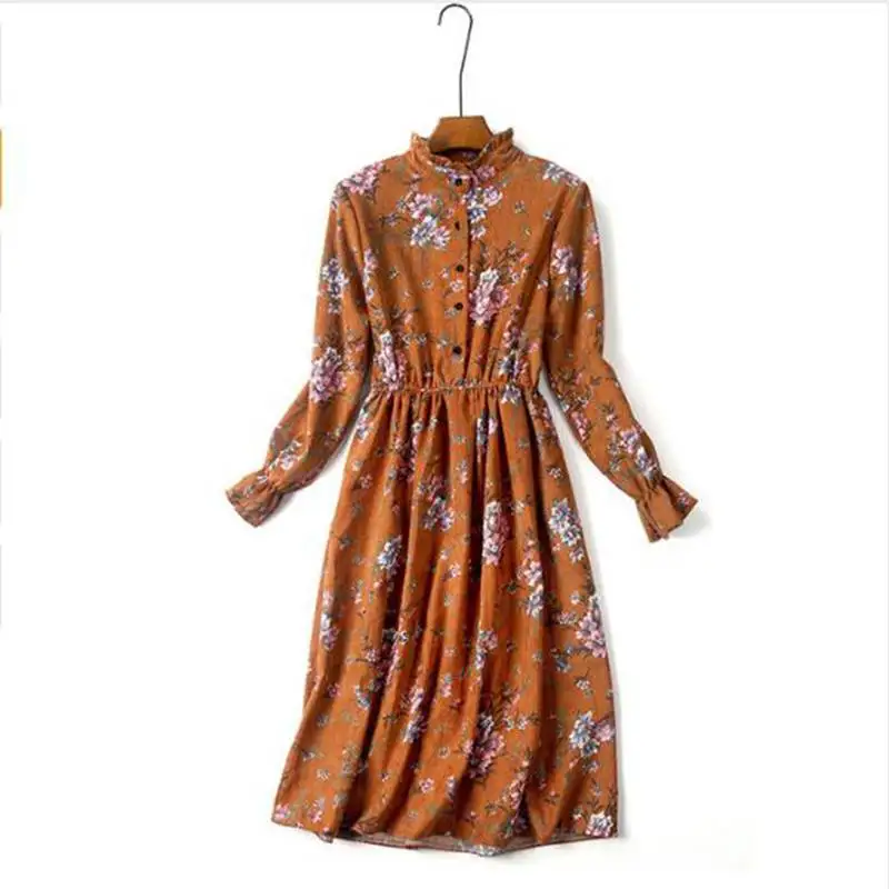 Новое осенне-зимнее женское вельветовое платье с длинным рукавом и стоячим воротником, тонкое винтажное платье с принтом, женское платье AB002 - Цвет: 6