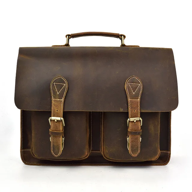 Винтаж Crazy Horse пояса из дюймов натуральной кожи для мужчин Портфели 14 дюймов ноутбук сумка большая портфель бизнес случае - Цвет: brown
