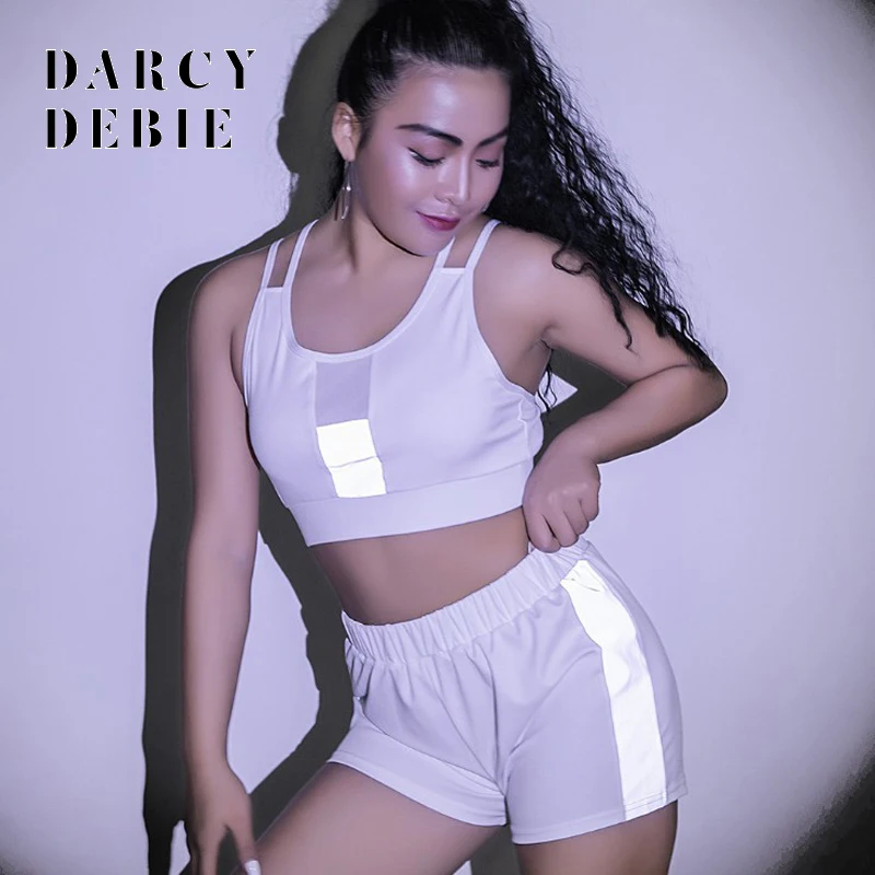 Darcydebie Лето 2019 г. Светоотражающие Йога 2 шт. для женщин костюм комплект топы без
