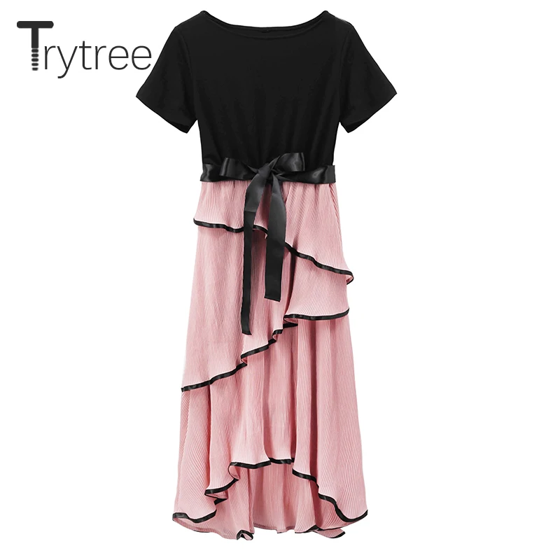 

Trytree Summer Casual Dress women O-neck T shirt Patchwork Polyester Pleated Cascading Ruffle Hem Belt Bow dresses A-Line Dress