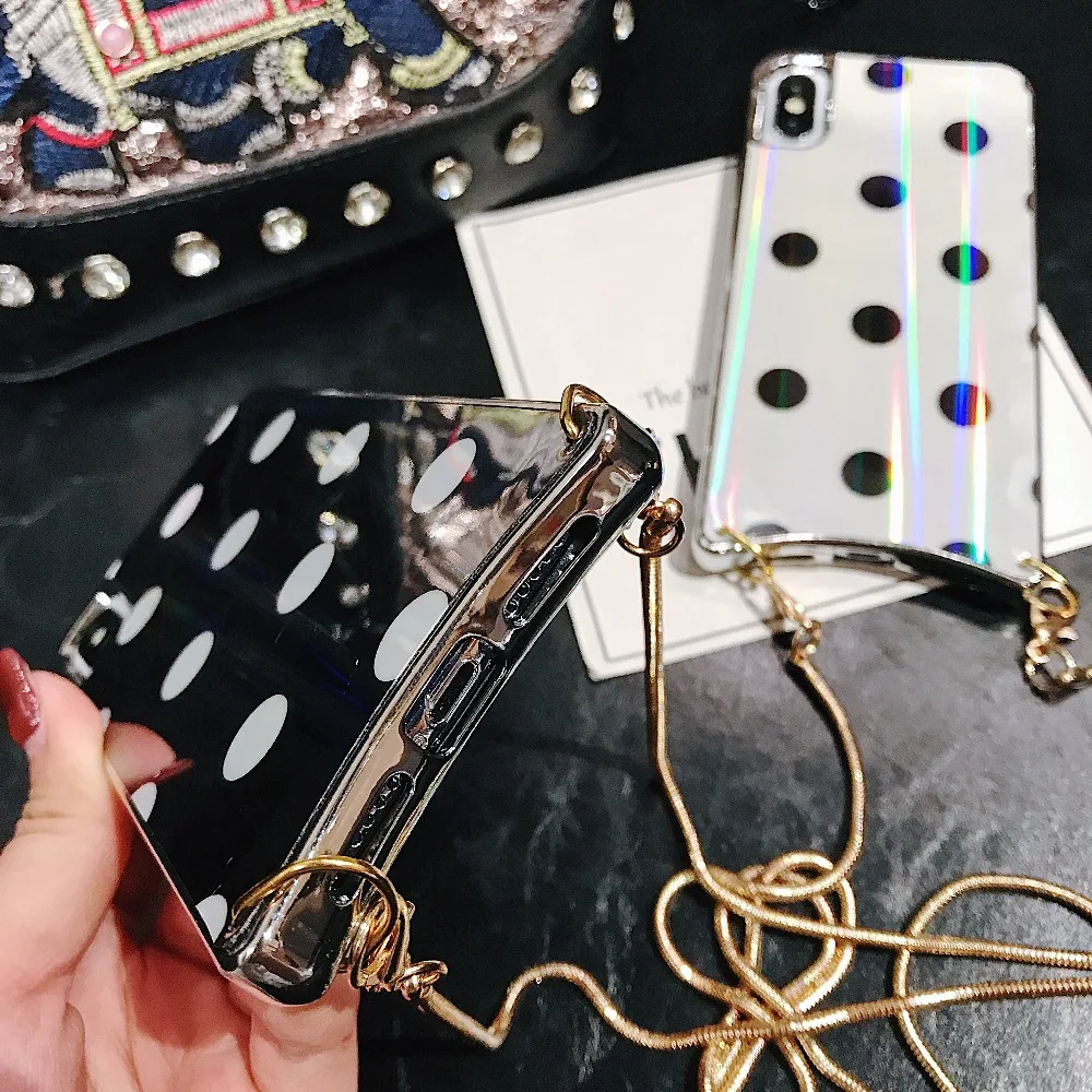 Girly Case For iPhone Xr X Xs Max Cover Korean Aurora Gradient Color Dot Skin Bag Cases For iPhone 7 8 Plus 6S Case + Long Chain (1)