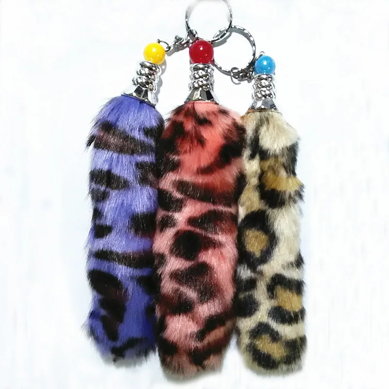 

New Style Fake Fur pompom Tail Design Car Key Ring Colorful Leopard Grain Bag Chain Personality is Hanged Keychains