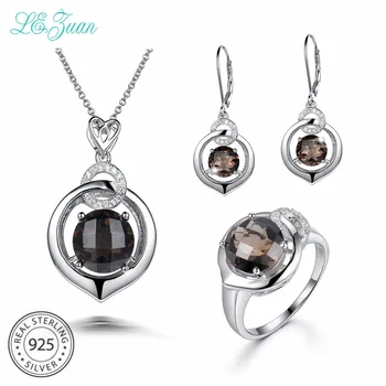 

L&zuan 925 Silver Jewelry Set 3.9ct Smoky Quartz Pendant & 4.18ct Smoky Quartz Earrings & 3.93ct Smoky Quartz Ring For Women