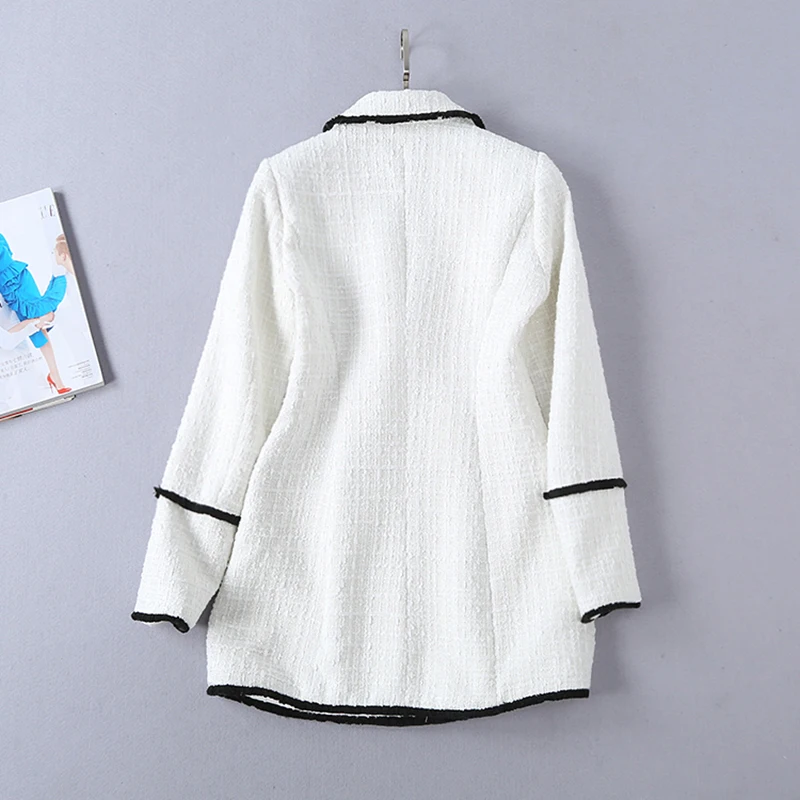 Plus Size XXXL Women High Street Long Jackets Runway Beading Double Breasted Solid Color White Slim Chic Blazers High Quality