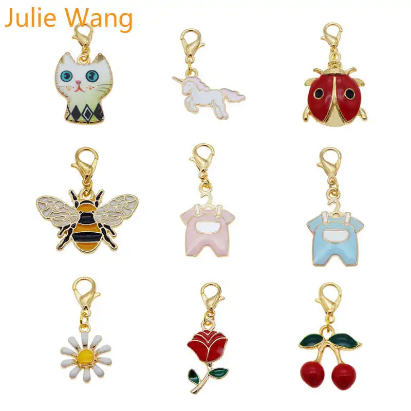 

Julie Wang 4PCS 20 Styles Enamel Cat Bee Unicorn Dog Flower Colorful Keychain Alloy Charms Lobster Clasp Jewelry Making Decor