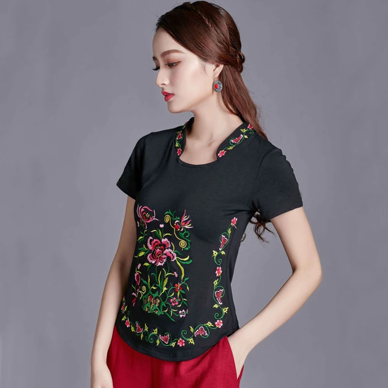 Женский пуловер в китайском стиле, весна-осень, вышитая Футболка с длинным рукавом, женская летняя хлопковая футболка размера плюс