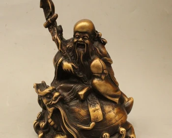 

8" Chinese Bronze Longevity God Ride Dragon Turtle Tortoise Peach Wealth Statue