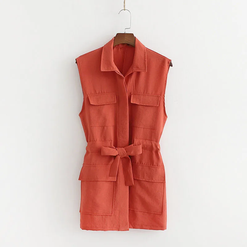 

Fashion Women Lace Up Belt Pockets Casual Two Piece Set Long Solid Turn-Down Collar Sleeveless Loose Women's Set