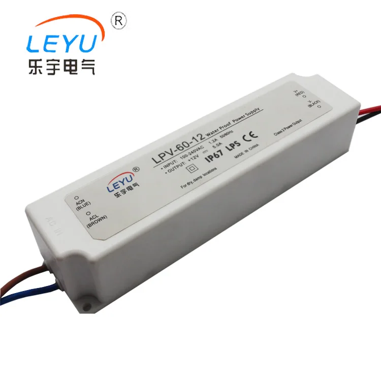 

60w 4a waterproof switching mode power supply 12v plastic case class 2 dc to ac wholesale price with CE RoHs high quality