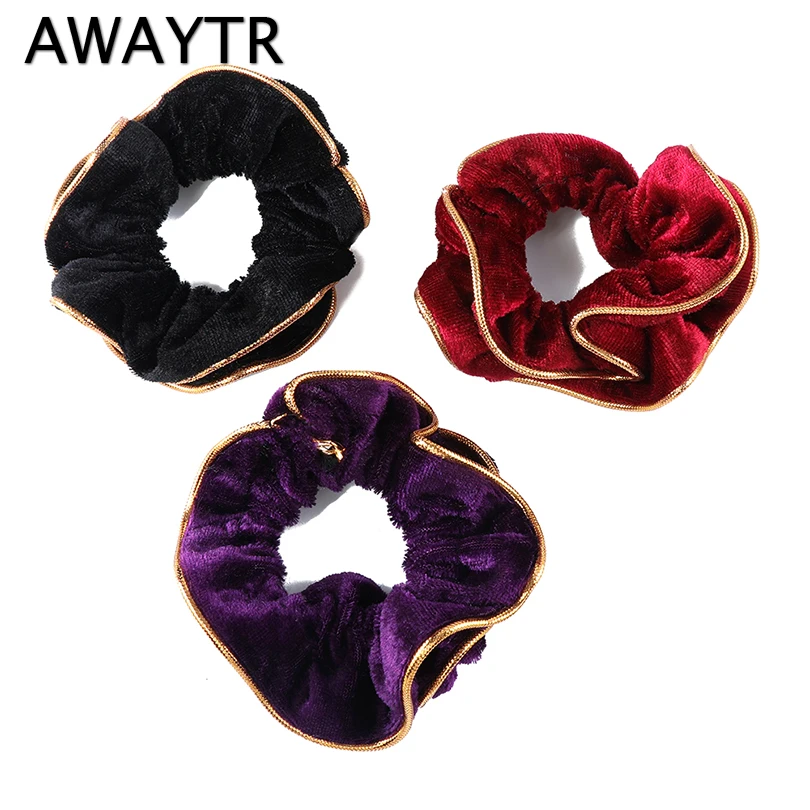 

AWAYTR 2 Pcs Velvet Scrunchies for Women Golden Rim Elastic Hair Band New Hair Ropes Girls Hair Ties Winter Hair Accessories