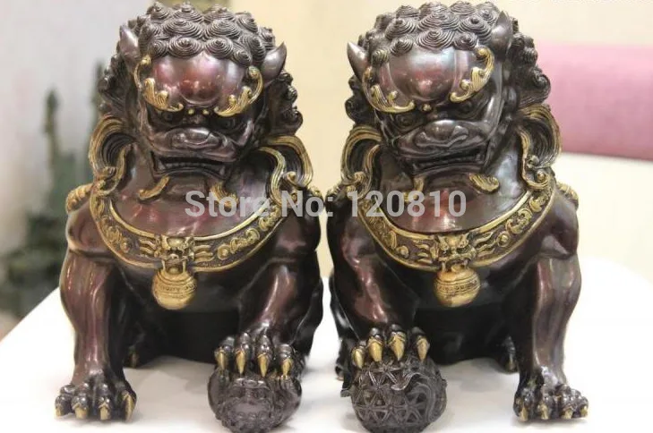 

Royal Red Copper Bronze Feng Shui Evil Guardian Door Bei Jing Fu Foo Dog Pair statue