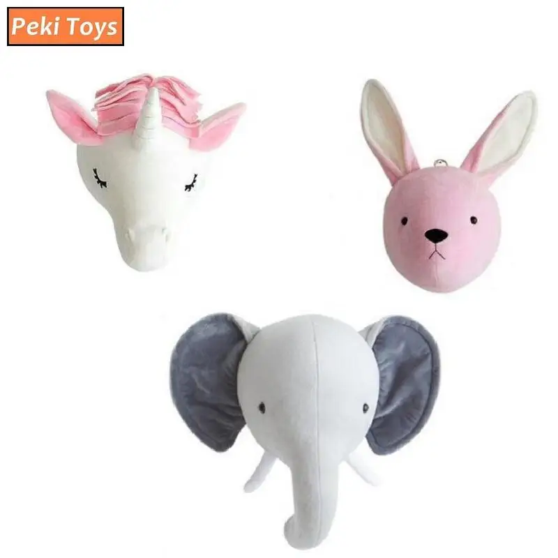 

Animals Elephant Rabbit Unicorn Head Wall Mount Artwork Decor Plush Dolls Kids Room Decoration Wall Hanging Toys Photo Props
