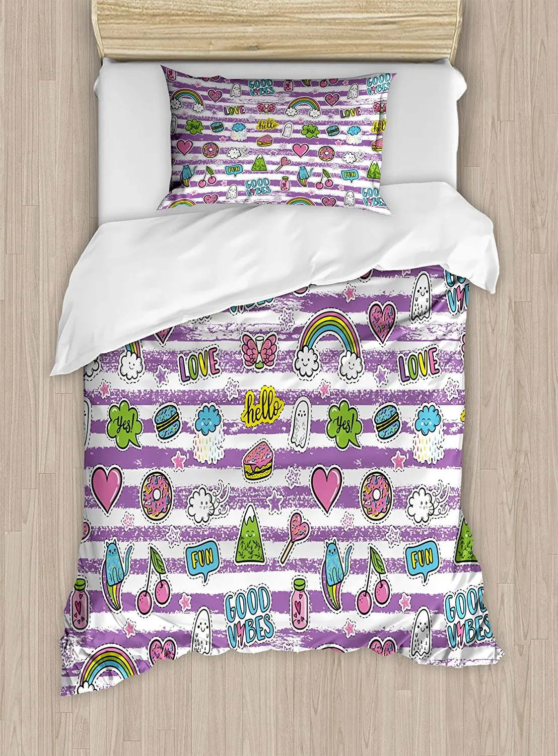 

Good Vibes Duvet Cover Set Purple Stripes with Grunge Look Cheerful Cartoon Characters 80s 90s Style Retro 4pcs Bedding Set