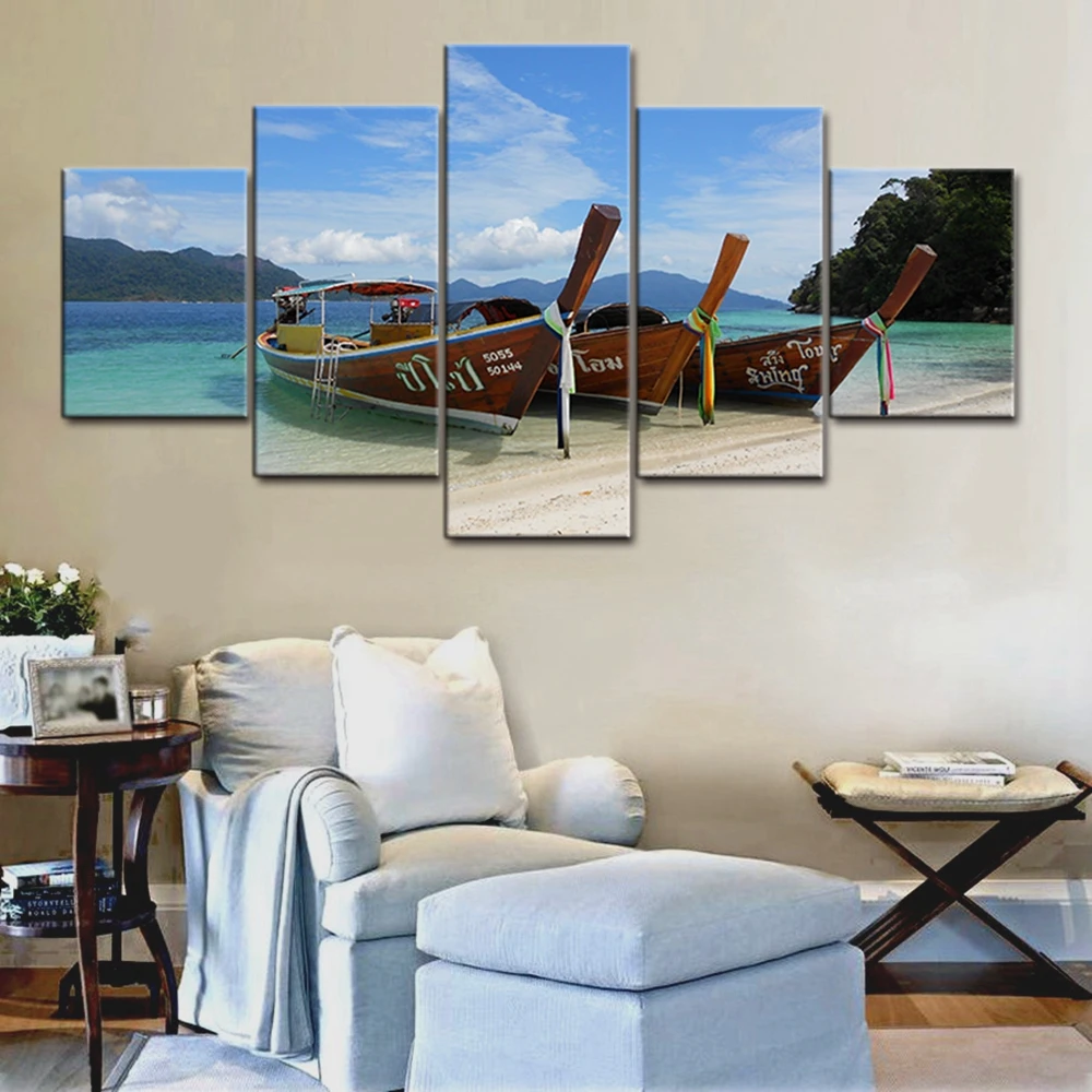 

Beautiful Scenery of the Seaside Sea Boats Poster and Print Thailand Long Tail Boat Canvas Painting for Home Decoration Wall Art