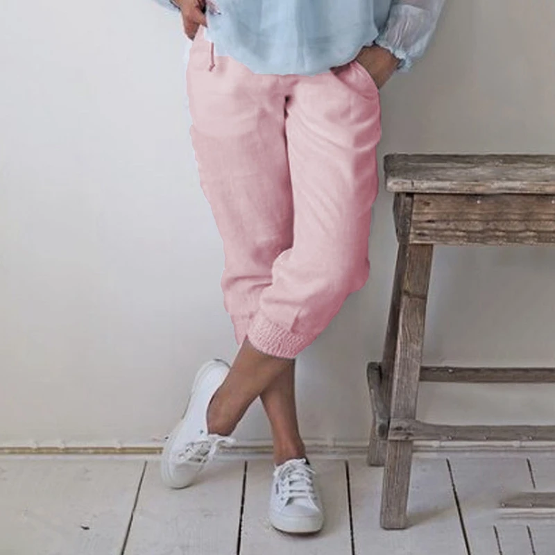 

New 2019 Women Cotton Pants Short Pants Capris Casual Loose Solid Elastic Waist Female Plus Size Summer Calf-length Women Pants