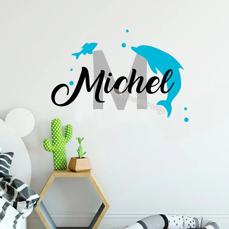 

Custom Name Cute dolphin Small fish Wall Sticker Nautical Orca Sea Creatures Decor Decal child baby Room Nursery Bathroom EB612