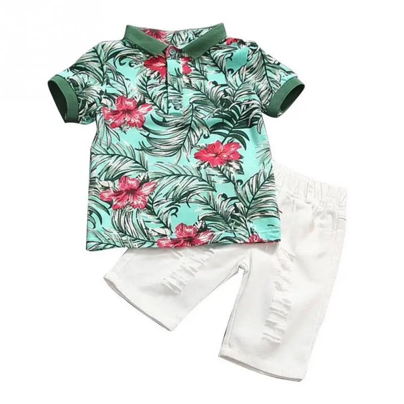 2pcs Toddler Kids Baby Boy Summer Floral Printed Shirt Holiday Hawii Floral T Shirt+ Shorts+Belt