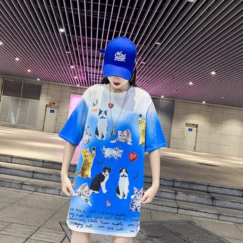 

Summer short-sleeved female 2019 street fashion cartoon printing quick-drying stretch mesh large size loose t-shirt skirt female