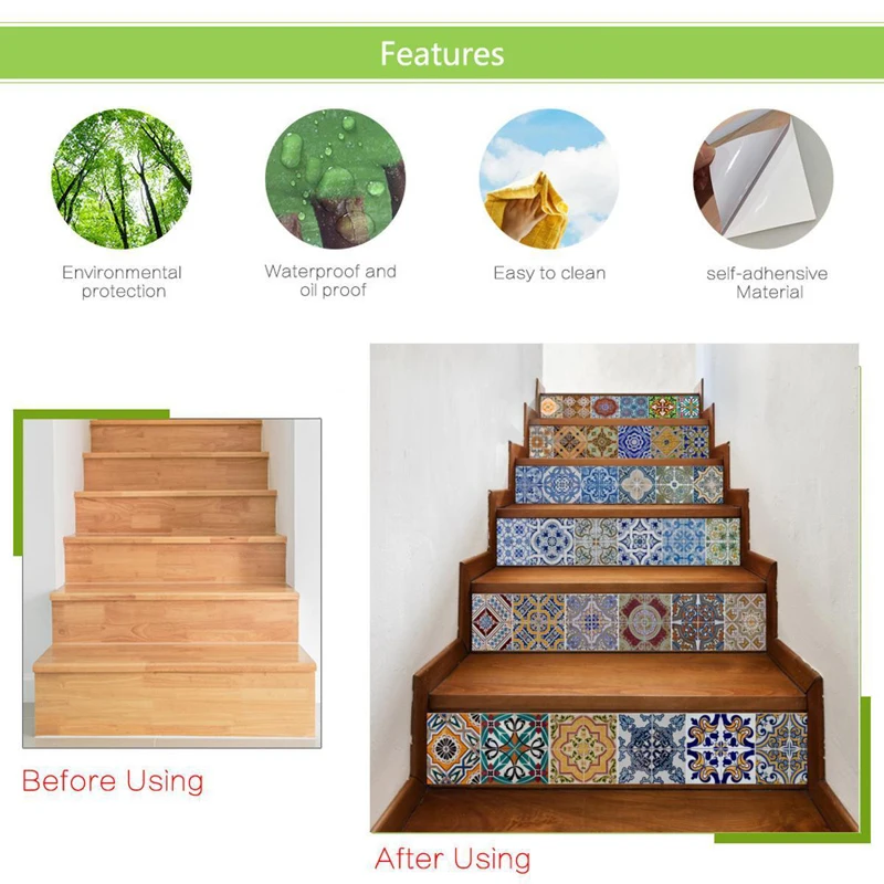 JX-LCLYL DIY 3D Retro Mexican Vinyl Stair Tile Risers Mural Decal Wall Paper Stickers