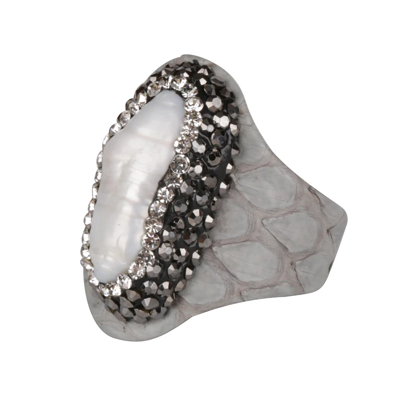

long raw natural freshwater pearl bead pave black rhinestone in real Light smoky grey snake leather open ring cuff adjustable