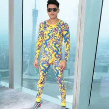 Новая мода высокое качество мужское термобелье, зимний теплый комплект зимней Дракон печатная эластичная повязка на головку с длинными подштанниками