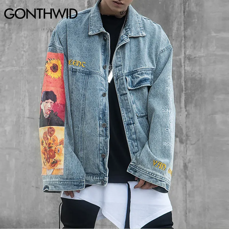 GONTHWID Van Gogh Painting Patchwork Embroidery Denim Jackets Hip Hop Casual Loose Jean Jackets Streetwear Fashion Outwear Coats