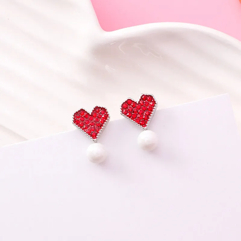 

New Sweet Fashion Shiny Rhinestone Love Heart Pearl Stud Earrings for Girls Women Cute Korean Jewelry Brincos Gift EC710