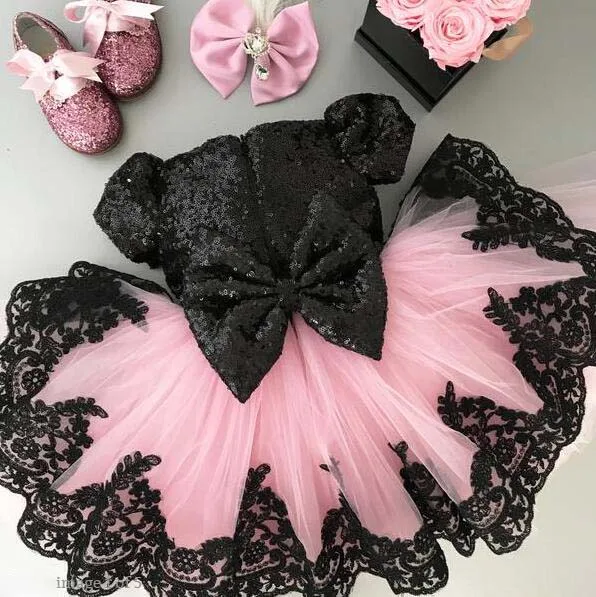 В году, летние короткие блестящие черные платья-пачки с блестками для девочек для первого дня рождения с бантом и короткими рукавами, розовое Тюлевое платье - Цвет: picture color