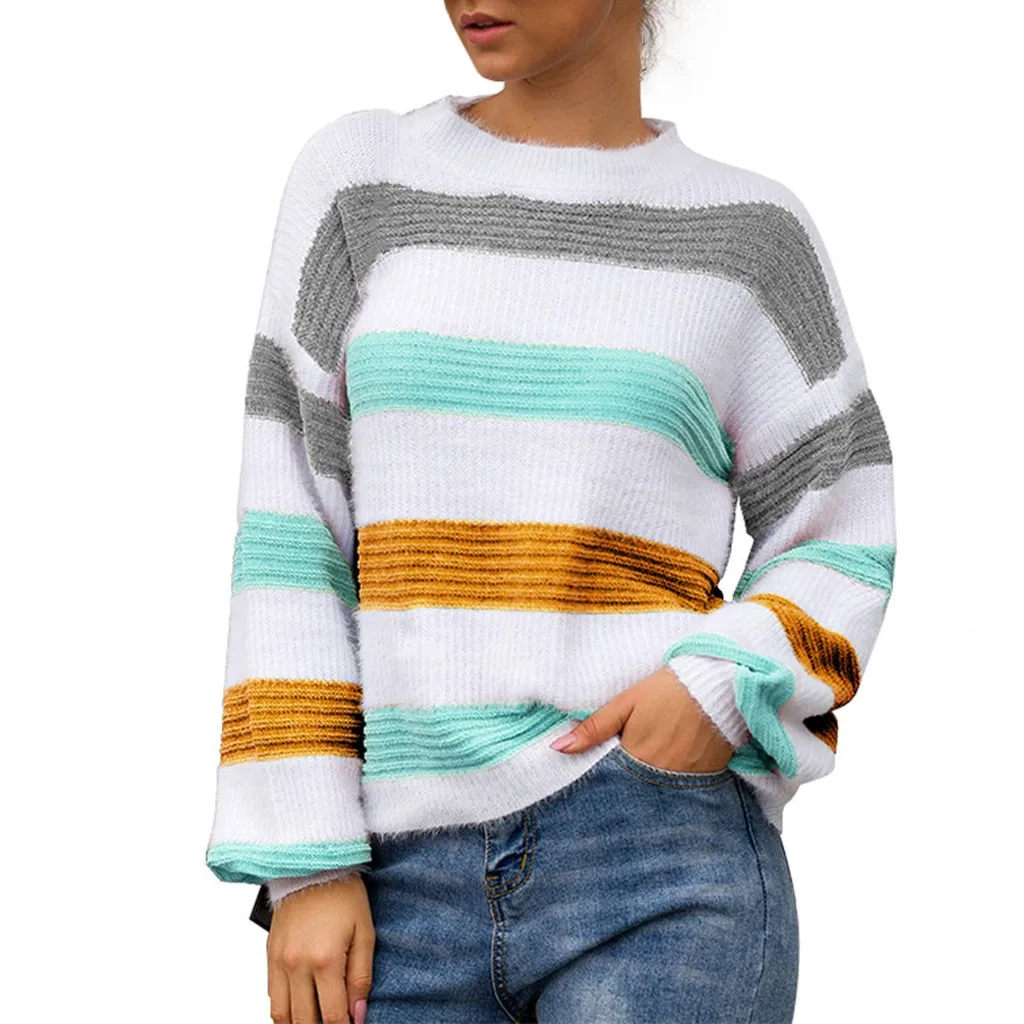 Новые женские свитера пуловер Плюс размер Женский вязаный полосатый пэчворк длинный рукав o-образным вырезом свитер Топ Зимний вязаный свитер - Цвет: YE
