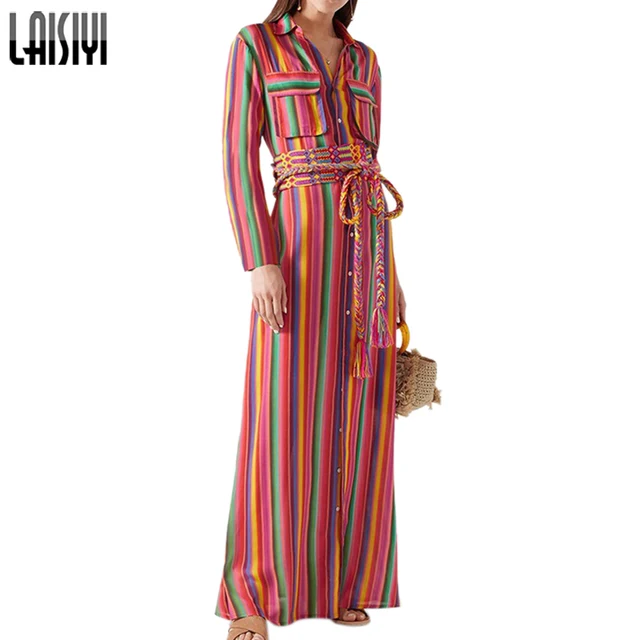 bohemia striped shirt maxi dress