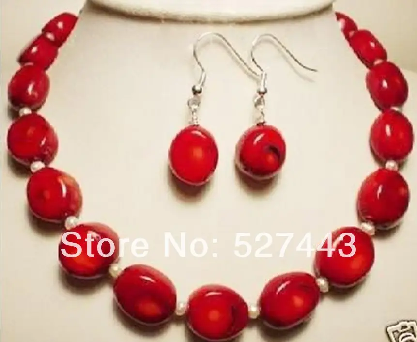 

Wholesale free shipping >>Beautiful Jewelry White Akoya Cultured Red Coral Necklace Earring