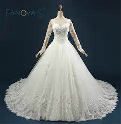 Vestidos Largos настоящая фотография большой юбка Великолепная Длинные рукава бальное платье Кружево Аппликации Свадебные платья Свадебное