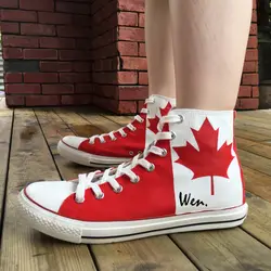 Вэнь Дизайн пользовательские ручной росписью обувь Канада Флаг кленовый лист Для мужчин Для женщин высокие холщовые кроссовки для