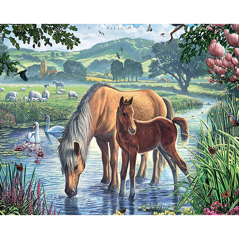 

Round diamond embroidery needlework horse drinking water cross stitch full diamond painting icons decorations for home KBL