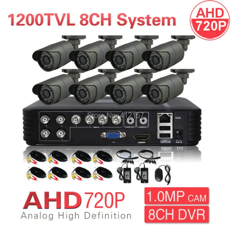 

CCTV IP66 1080N HDMI DVR AHD 720P 1200TV 8CH Security Camera System IR CUT Color Video Surveillance Kit P2P PC Phone Mobile View