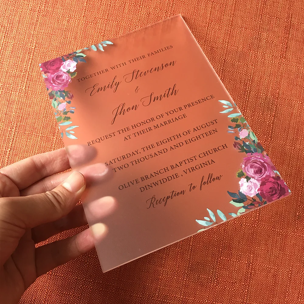  50 Pieces Per Lot Beautiful Burgundy Floral Watercolor Style 5x7inch Frosted Acrylic Wedding Invita - 32871227611