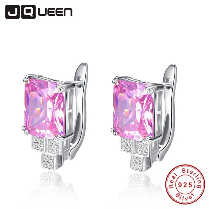 

JQUEEN Genuine Big Gem Stud Earrings for Women Solid 925 Sterling Silver 19.6 ct Natural Pink Topaz Emerald Cut With Jewelry Box